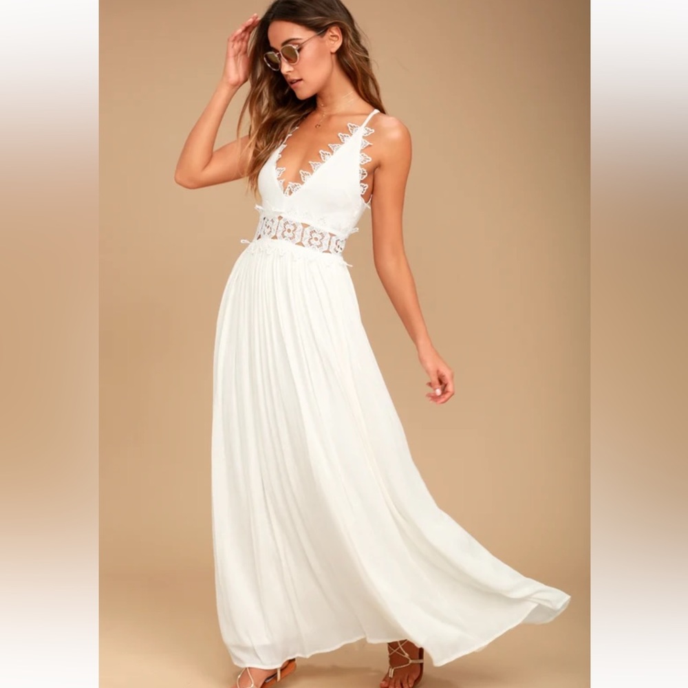Lulu's White Crochet-Trim Maxi Dress